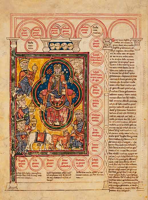 Folio 8v con la miniatura de la Adoración de los Reyes Magos (Biblia de Burgos, Biblioteca Provincial de Burgos)