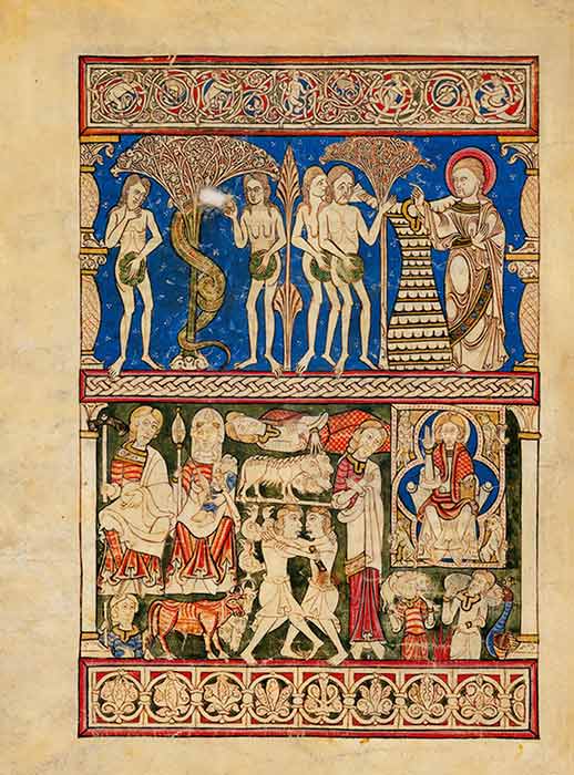 Miniatura del ciclo de la vida y redención folio 12 v (Biblia de Burgos, Biblioteca Provincial de Burgos)